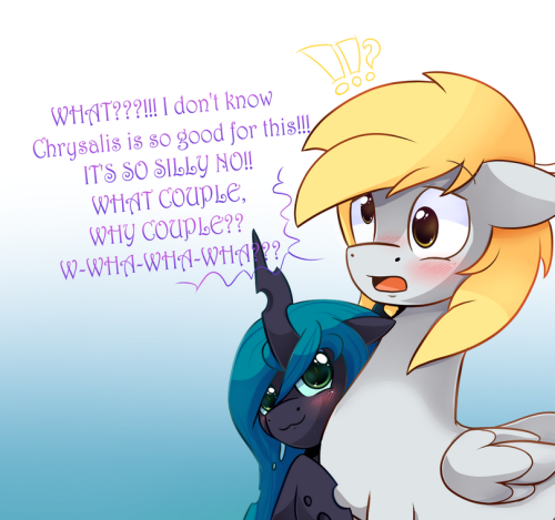 mlp-shipping-challenge:  Male Derpy and Chrysalis —— MOD NOTE: Art is from this blog I believe. Well, why not, I suppose! You have 2 hours to draw and submit your picture of Queen Chrysalis x Genderbended Derpy Hooves! This challenge is SFW only!