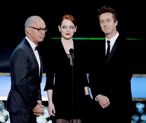 emstonesdaily:  Michael Keaton, Emma Stone and Edward Norton speak onstage at the 21st Annual Screen