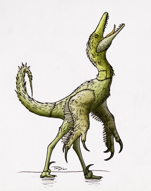 Dinoween Prompt no. 15: FrankensteinA very happy alvarezsaurid with big clawed arms and feet Franken