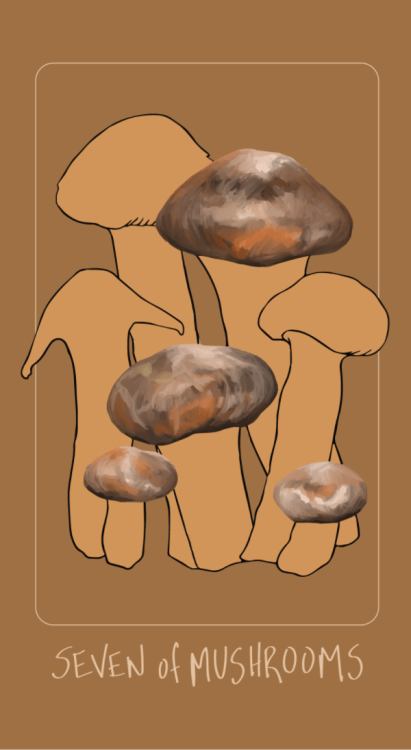 Seven of Mushrooms. Art by Nisse Lovendahl, fromThe Herbal and Spiced Culinary Tarot. The Seven of