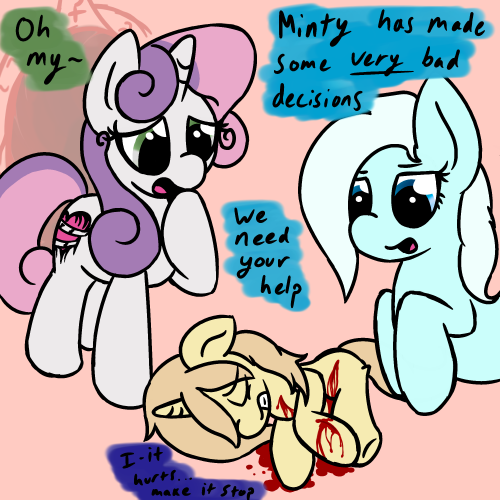 ask-bloody-sweetie-belle:  Collaboration with Ask Shiny the Slime, continuation of this story arc  Minty’s body was in a critical condition and needed urgent help. Jester called upon Sweetie to help close her wounds and keep her well until they could