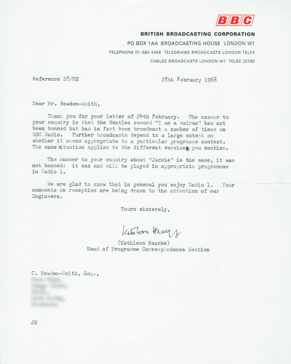 Do the BBC censor records? The rumours were flying back in early 1968 that the BBC had banned “I Am the Walrus” (misnamed in this letter as “I am a Walrus”) by The Beatles and “Jackie” by Scott Walker - they were not being heard on the still-new BBC...