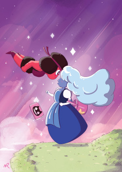 paperwombat:  Steven Universe and Ponyo power combo fan art: Ruby &amp; Sapphire feat. Cookie Cat 