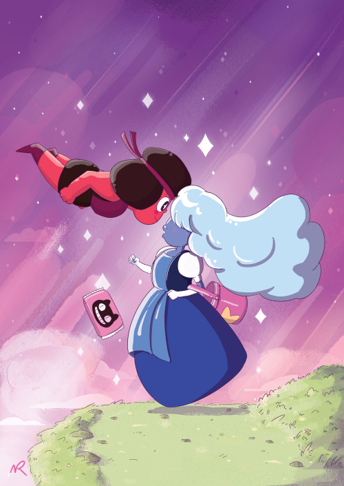 paperwombat:  Steven Universe and Ponyo power combo fan art: Ruby & Sapphire feat. Cookie Cat 