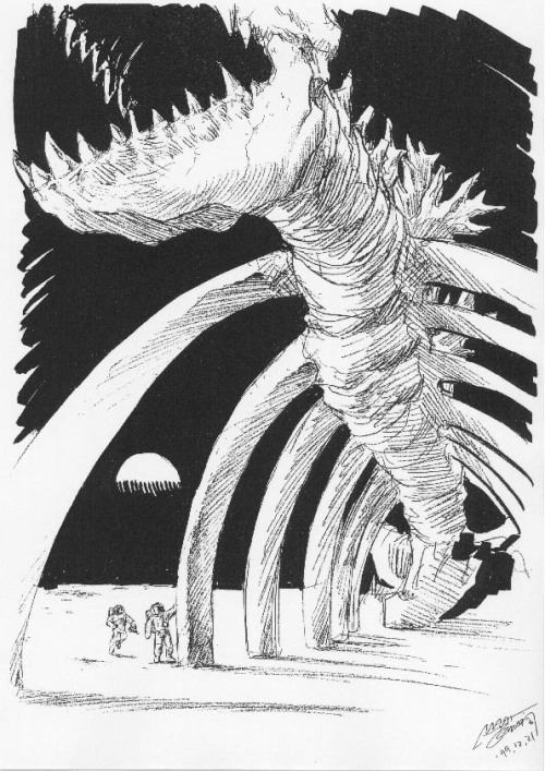 gojira-ekkusu:Godzilla Skeleton on The Moon - Concept Art by Shinji Nishikawa Now how did they get t