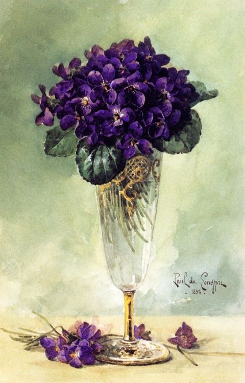 Paul de Longpre, Violets in a glass glass 1896