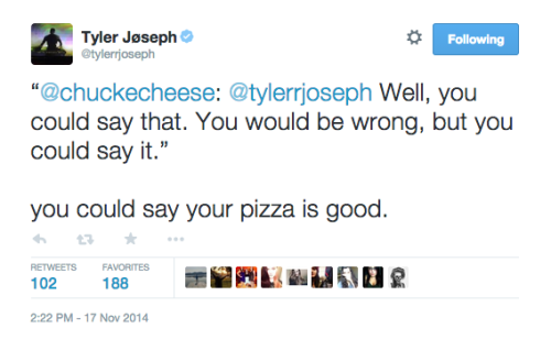 barocknroll:twenyonepilots:CHUCK JUST GOT GOTTALK SHIT GET HIT CHUCK E. CHEESE