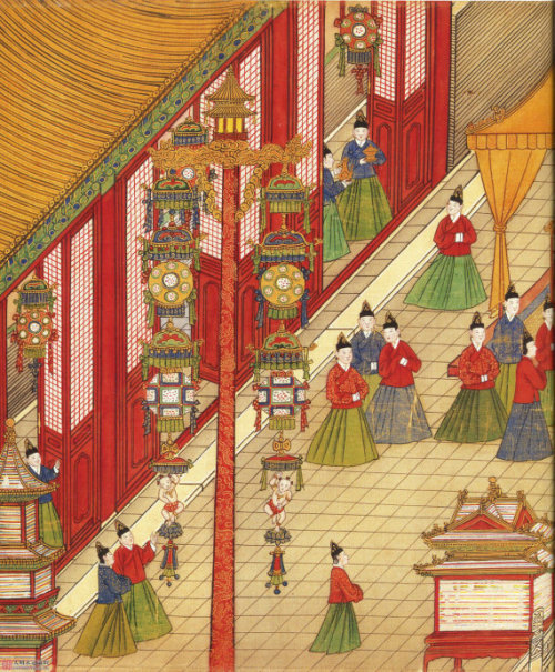 Emperor Xianzong Seeking Amusement in Lantern Festival drawn by palace painter in Ming dynasty. 明宪宗元