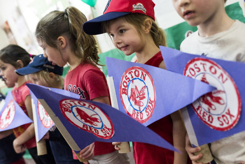 Mini Red Sox fans celebration Opening Day at Elmwood Christian Preschool on Apr. 5, 2018. 