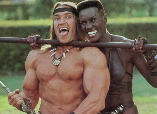 weirdlandtv:Publicity photos of Arnold Schwarzenegger and Grace Jones for CONAN THE DESTROYER (1984).