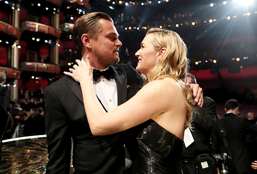 mcavoys:Leonardo DiCaprio and Kate Winslet backstage at the 88th Annual Academy Awards at Dolby Thea