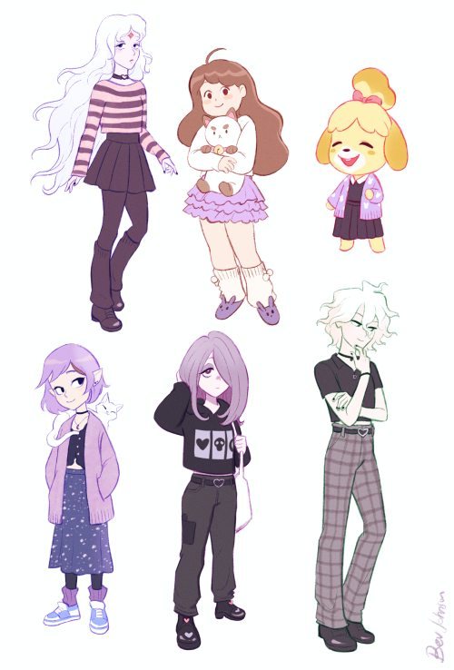 bevsi:  I asked twitter to give me characters I remind them of (but no pink hair allowed!!) and drew them in my outfits 