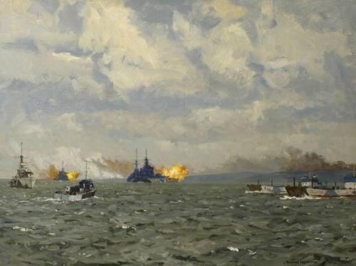 uss-edsall: “HMS Rodney and Warspite Firing on Shore Targets, 6 June 1944″, by Norman Wilkinson