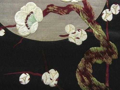 Moonlit plum blossoms, dreamy vintage obi with impressive embroidery work over silvery silk appliqué