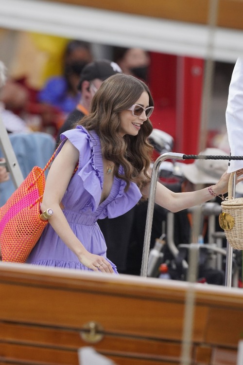 Lily Collins, Ashley Park and Camille Razat filming Emily In Paris in Villefranche-sur-Mer (C&o