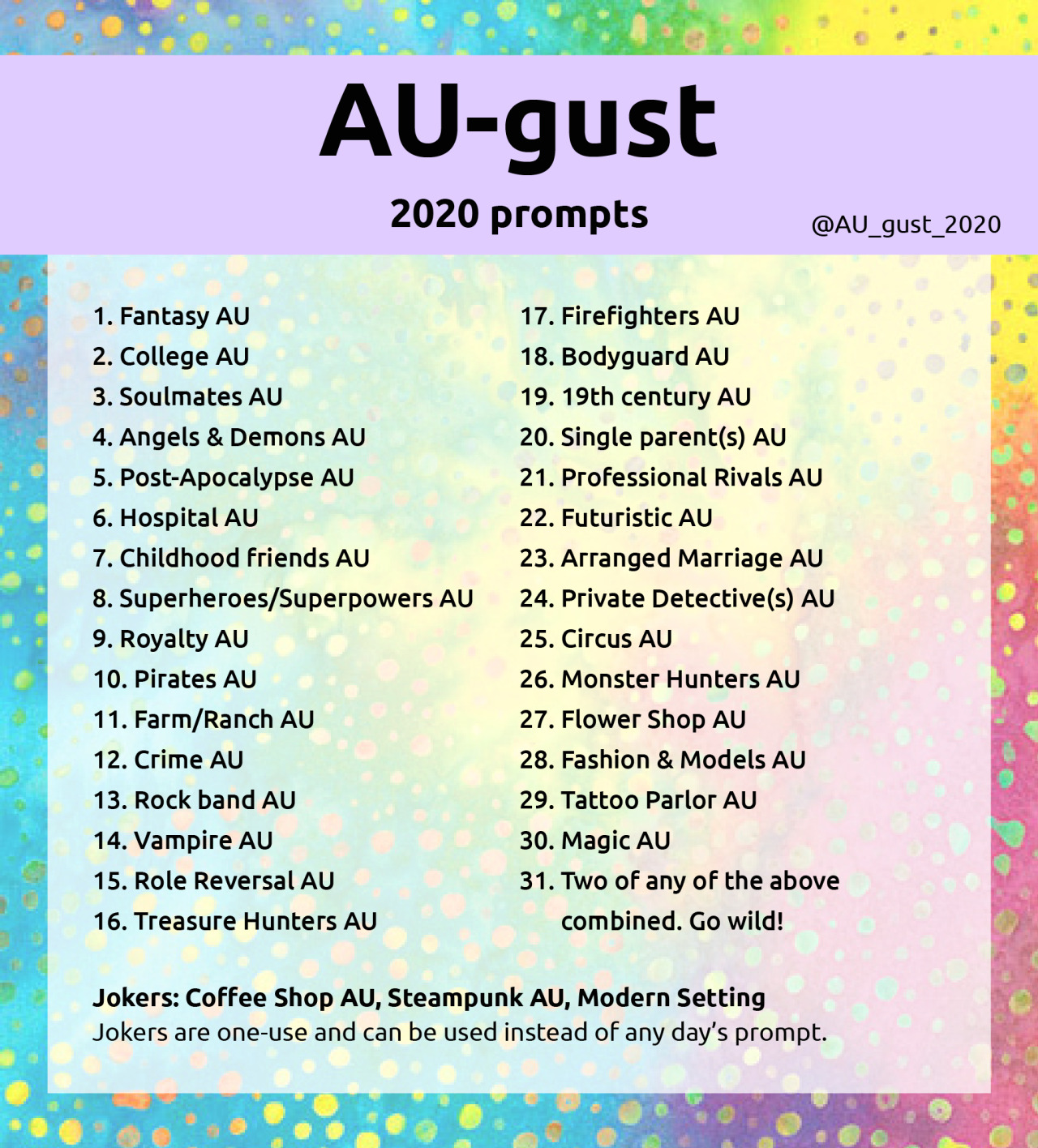 AU-gust Writing Challenge — The list of prompts was completed! One