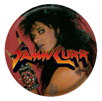 A pinback button featuring Sammi Curr from the 1986 film 'Trick or Treat'