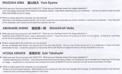uchiha-mukuro:  Introduction of the cast from the Naruto Live Stage Programme book as well as official English translations (from the translation booklet). part 1 | 2 | 3 | 4 | everything else |© Masashi Kishimoto, Scott/SHUEISHA/Live Spectacle “NARUTO”