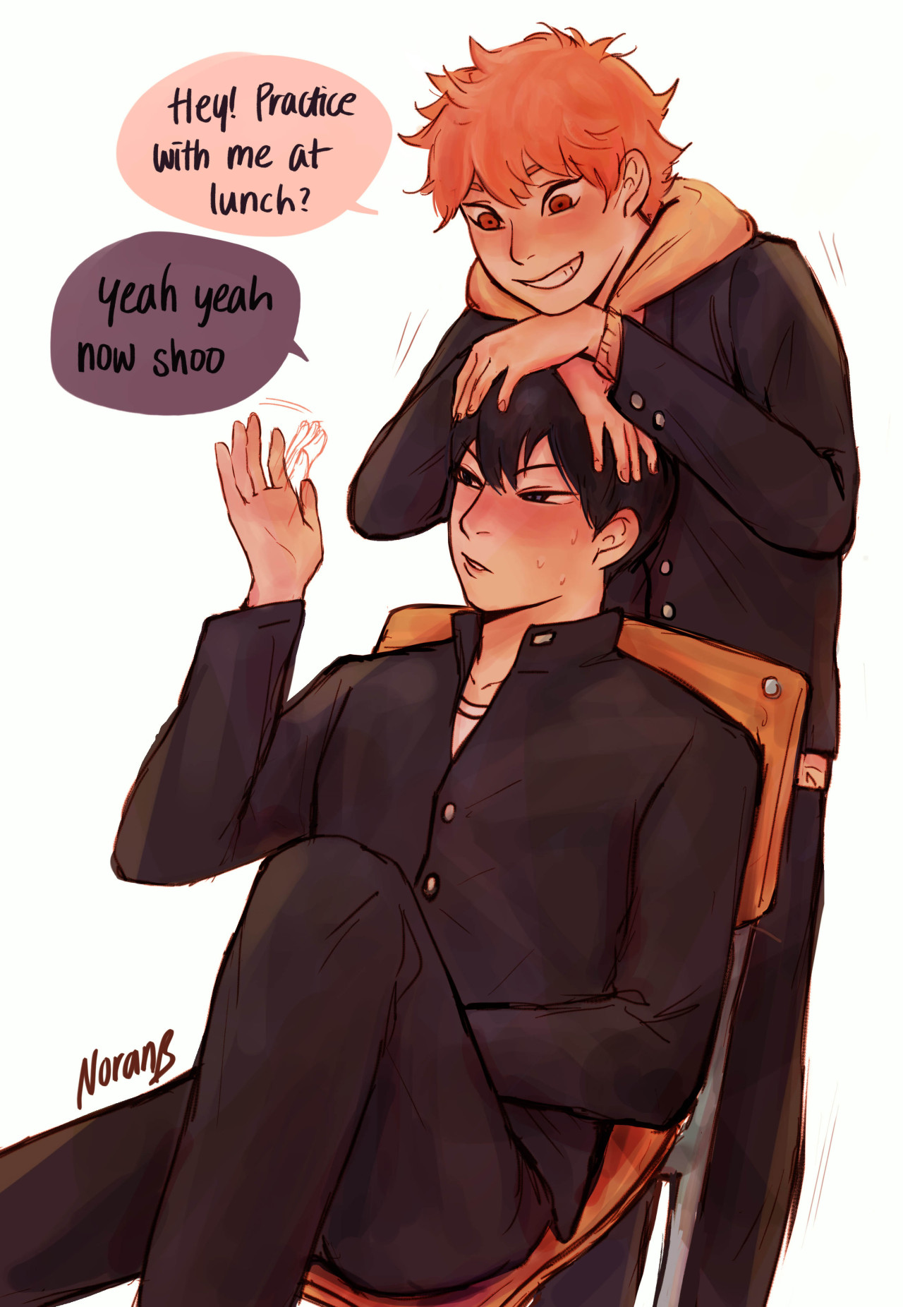 noranb-artstuffs:  In which Hinata is not scared of Kags anymore and it drives him