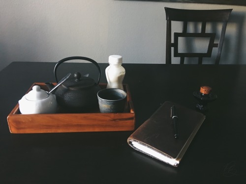 ohmywrittenword:Today’s self care recipe: a journal, brown ink, and Assam tea, with a half spo