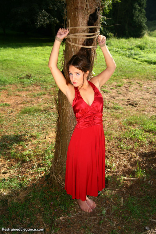 tiedtotree: Two things about this photo: Firstly, that’s cool what the rigger did with her hair.  Secondly, lovely dress, lovely girl, but the two do not work together. She has bright blue eyes and dark hair. She will never be able to pull off that