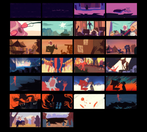 Early color script of my short film Rest in Peace. I was trying to get the energy of each scene , ex