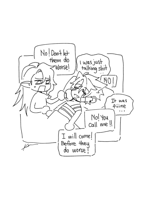 A small panel continuing the scene portrayed in Wriothesley's portrait, in a silly cartoony style, depicting Wriothesley and Neuvilette as chibi characters. The tense atmosphere is completely gone, and the art is not given any sort of shading.

There is a single frame of comic, depicting Neuvillette scolding Wriothesley as he sat by his bedside, holding an ice bag to his cheek. Wriothesley is lying in bed with his chest and face covered in bandages, his eyes close, his face pale (suggested by the three lines drawn down from his eyes). 

"No! Don't let them do worse!" Neuvillette says, in a firm speech bubble. 

"I was just talking shit..." Wriothesley replies in a wobbly speech bubble. 

"NO!" Neuvillette cuts him off.

"It was fiiine..." Wriothesley says in a wobbly speech bubble.

"No! You call me!!" Neuvillette says, his speech bubble overlapping Wriothesley's previous speech bubble. "I will come! Before they do worse!" His speech bubble continued. 