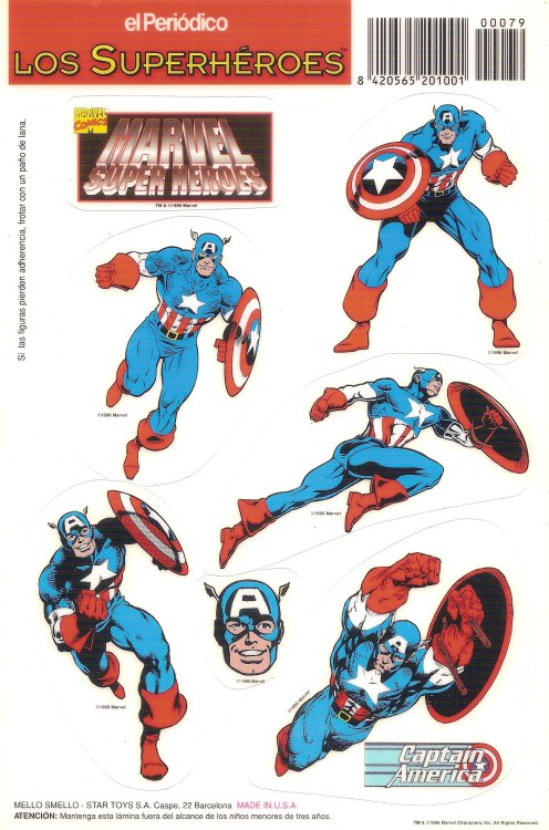 Captain America Stickers
Part of a super-heroes stickers giveaway from El Periódico newspaper in Spain.