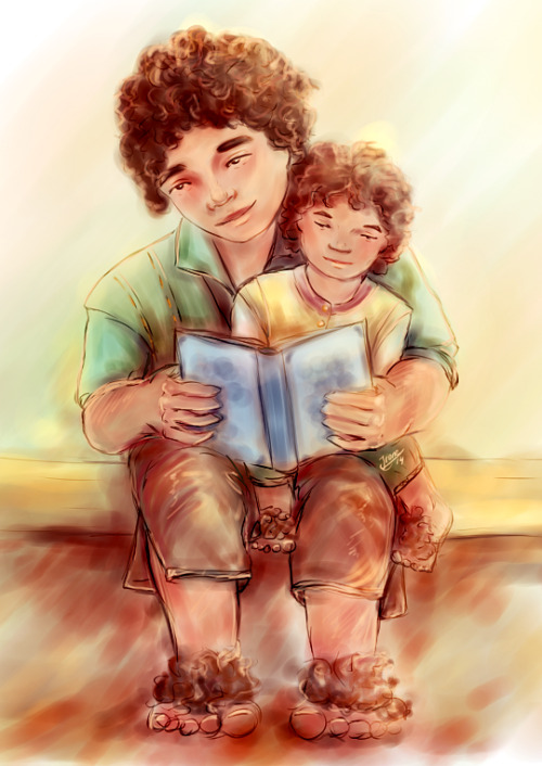 likes-drawing-elves:‘A baby Frodo with his uncle Bilbo’ for insanehobbits as part of the