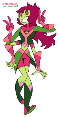 jigokuhana:  So I thought I’d catch up with my TTGem fusions, so here we’ve got the fusion for Ametrine (Star) &amp; Anyolite (BB): Watermelon TourmalineAs you can probably guess, they’re a pretty cheerful fusion. XD I’d say they really like to