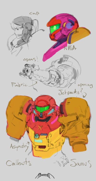 robogabo-art:  Bounty hunter Samus Aran re-design. Going for a mix between astronauts and metroid. I kept hearing from people that the designs I did for Halo 4 & 5 had a Metroid vibe to them. I never used metroid reference for designing the master