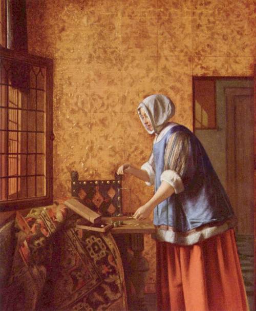 Woman weighing gold coin, Pieter de Hooch