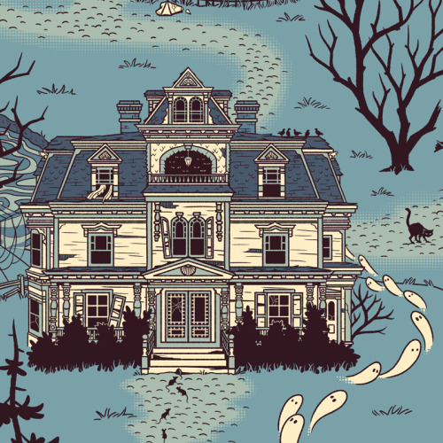 My annual spooky illustration is also a seamless pattern design.  This fictional haunted villag