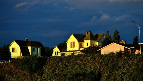 dexterpine:Bright yellow sunset shining on pastel houses with dark storm clouds behind them. www.fac