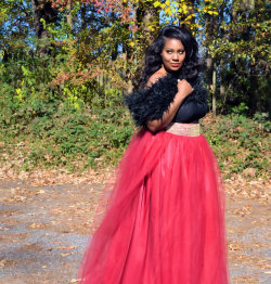 bigbeautifulblackgirls:  Sparkle Waist Tulle Maxi and Faux Fur Wrap by Spoiled Diva Online Skirt available in Black and Crimson at www.spoileddivaonline.com Modeled by @chakivalatrell