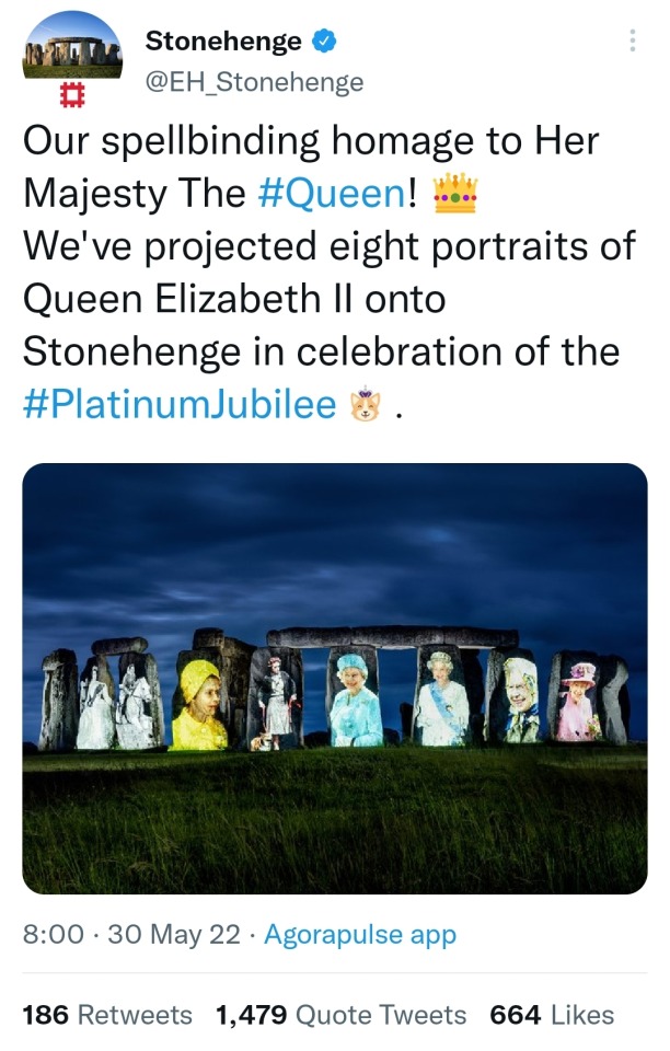 tweet from stonehenge saying "our spellbinding homage to her majesty" with a photo of images of the queen projected onto the standing stones 