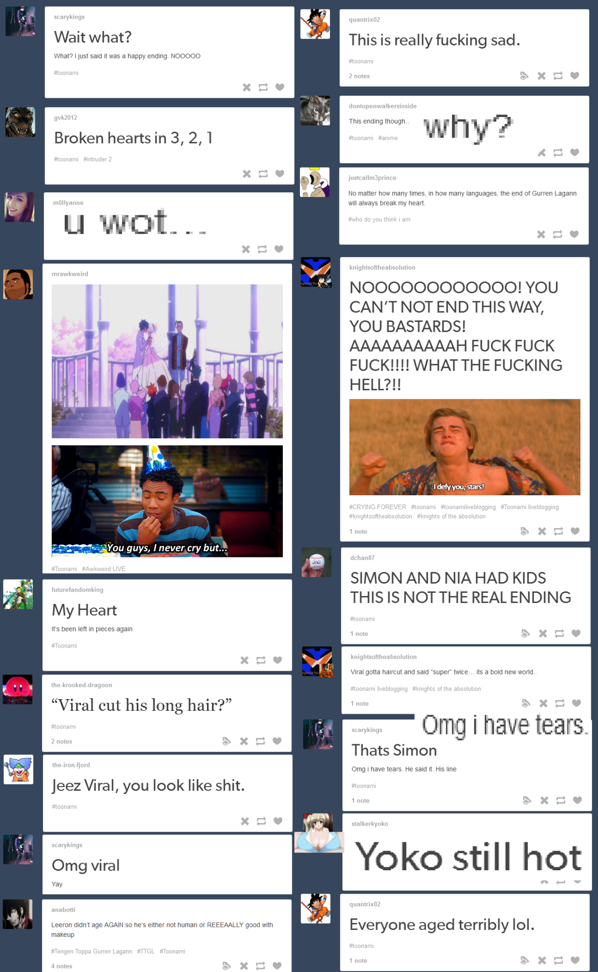canadiananimatorguy:  Tumblr reacts to: Gurren Lagann FinaleI did episode 8 so I