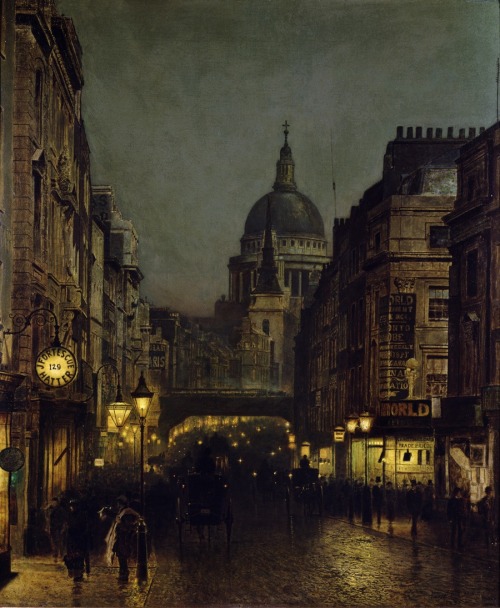 laclefdescoeurs:St Paul’s from Ludgate Circus, 1885, John Atkinson Grimshaw