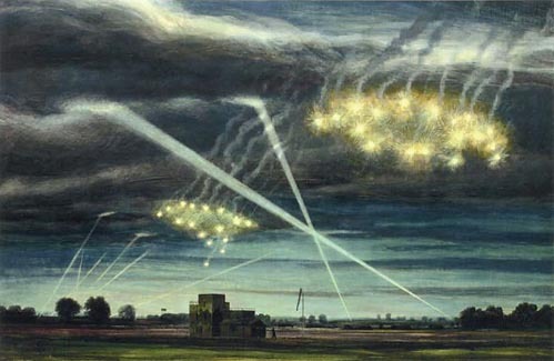 Peter Hurd. Enemy Action over American Bomber Station, 1942.tempera on board
