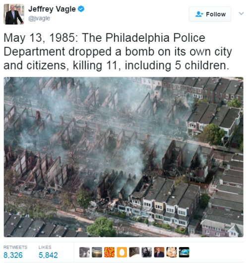 neuropunk-travesty: priceofliberty:  saint-louis-is-awful:  my-name-is-tucker:  israel-official:   blackness-by-your-side:  It was an improvised explosive made by the Philadelphia PD. 61 homes were destroyed. And the media keep silence.  Unbelievable. 