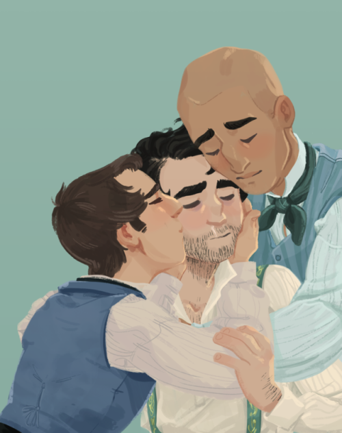 accessiblelesmis:boopliette:let! that! boy! be! loved! [ID: digital painting of Joly, Grantaire, and