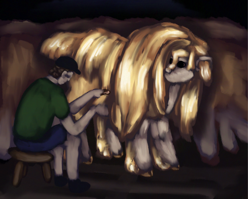 gaeilge: fear ag scúb an ghruig ar fánas capall sról, tá corp agus fionnadha buí ar an fán agus tá sé ag seasabh do, ag féacant air.
english: a man brushing the hair of a rapunzel satin faun, the fauns body and hair is blonde and it stands to be brushed, looking at the man