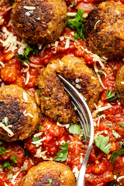 Meaty vegan meatballs in tomato sauceMeaty vegan meatballs in tomato sauce are chewy, full of umami,