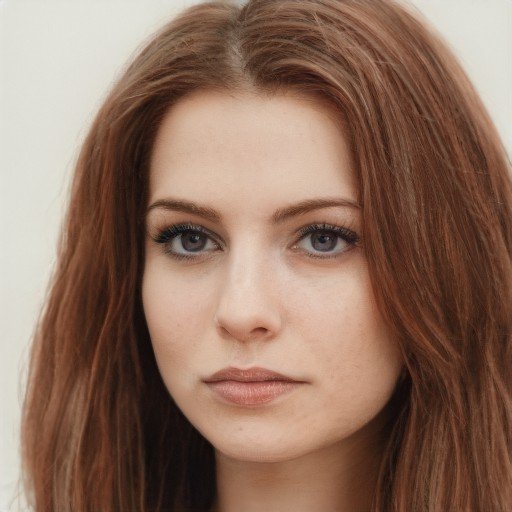 An image of a woman with long reddish-brown hair and blue eyes