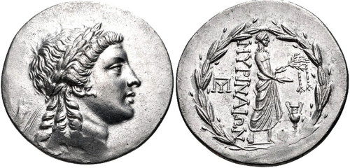 archaicwonder:Greek Tetradrachm from Myrina, Aeolis c. 155-145 BCStruck on an especially large medal