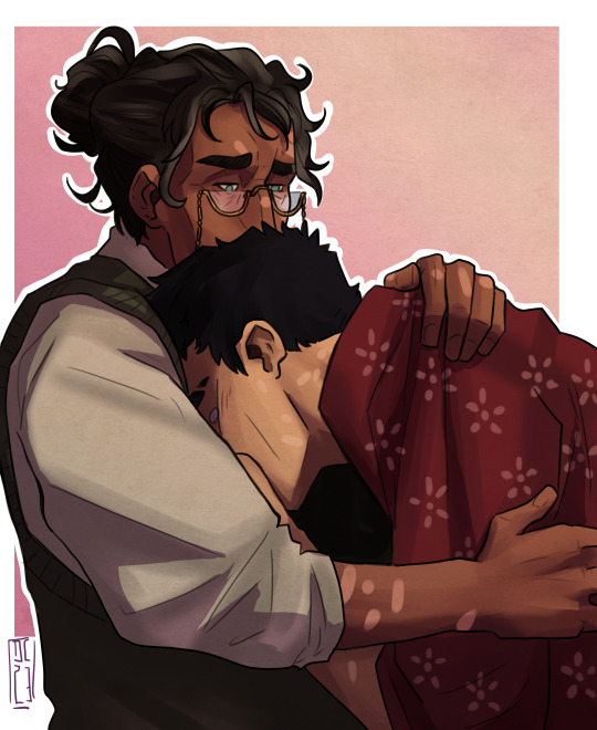 Fanart depicting Jonathan Sims from the Magnus Archives podcast, comforting a traumatized Tim Stoker.