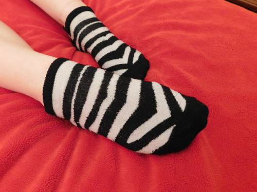 mecha-red-vinyl-kitty: Well-worn zebra striped socks available in my ManyVids shop.  There’s other t