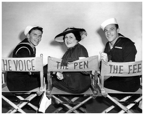  Frank Sinatra (THE VOICE), Louella Parsons (THE PEN), Gene Kelly (THE FEET) on the set of  Anchors 