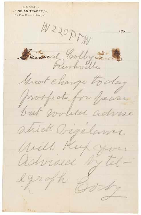 todaysdocument: Letter Relating to Peace Prospects at Wounded Knee, ca. 12/1890 Series: Records of C