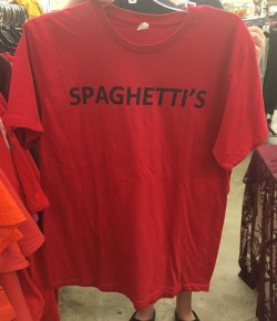 virtualboy96: shiftythrifting:  the front and back of a tshirt i found at goodwill in worcester, ma. i don’t know if or what it means something, all i know is that i now own a tshirt that says “spaghetti’s back”  Where did it go?? 